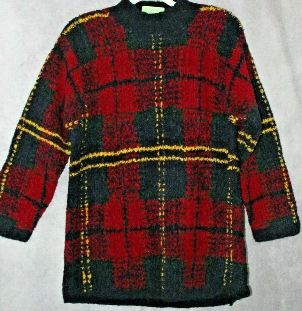Jones New York Sweater Womens Petite PS Red Plaid Mock Neck Chunky Knit